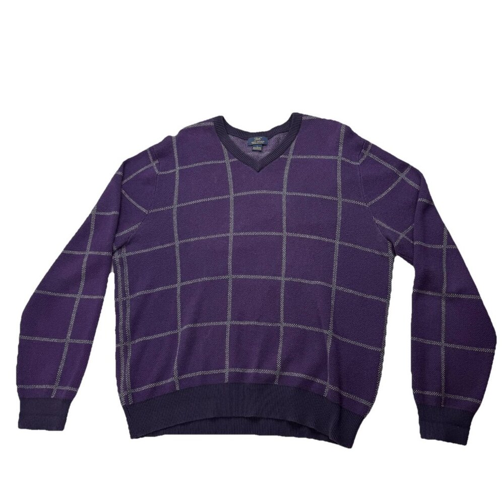 Brooks Brothers 346 Mens L Purple Plaid Cotton Cashmere LongSleeve VNeck Sweater